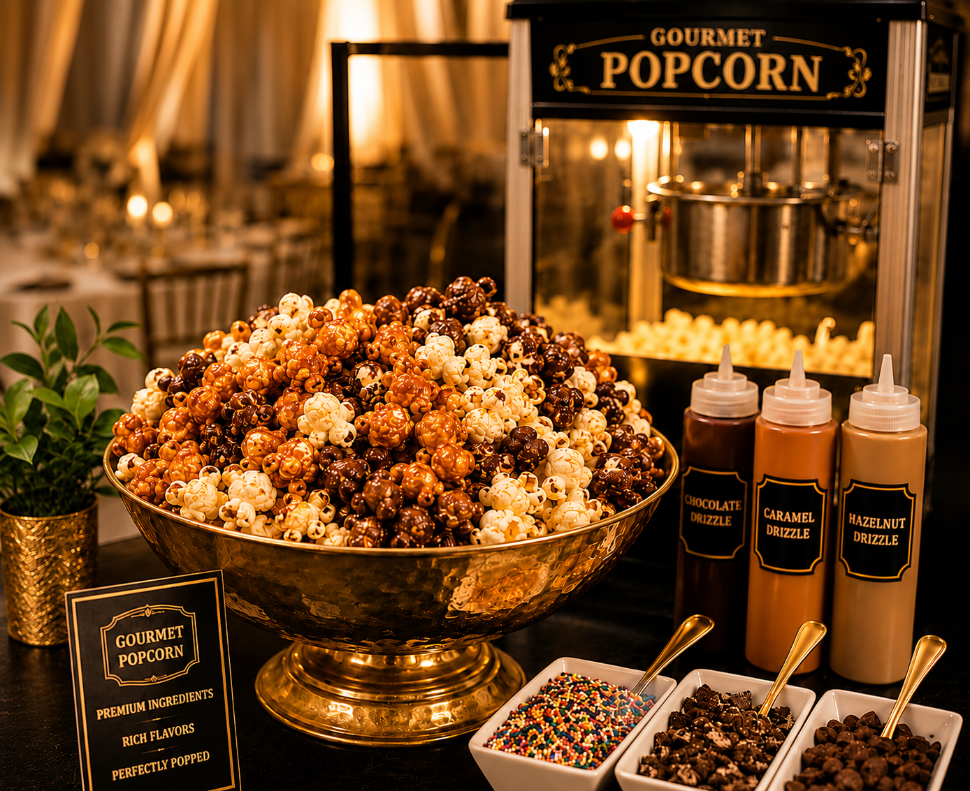 Gourmet popcorn display with chocolate, caramel and hazelnut drizzles plus assorted toppings