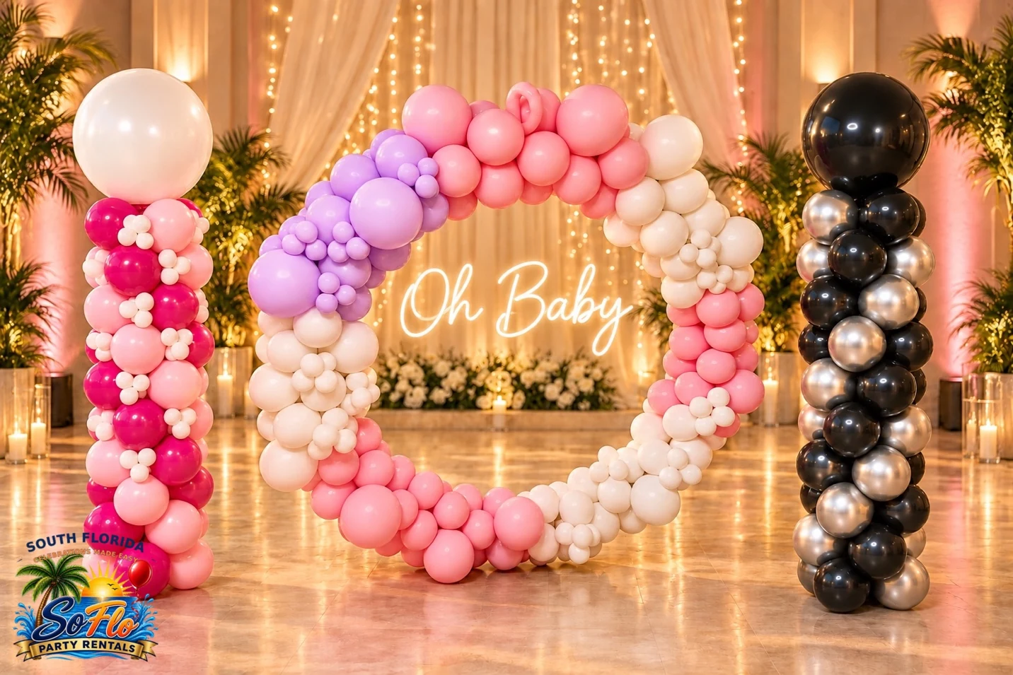 Balloon circle and columns in pink, gold and black