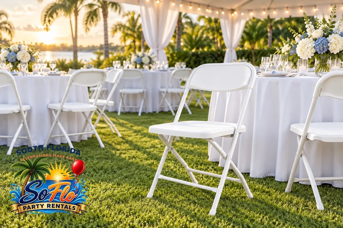 White folding chairs and covered chairs at a celebration