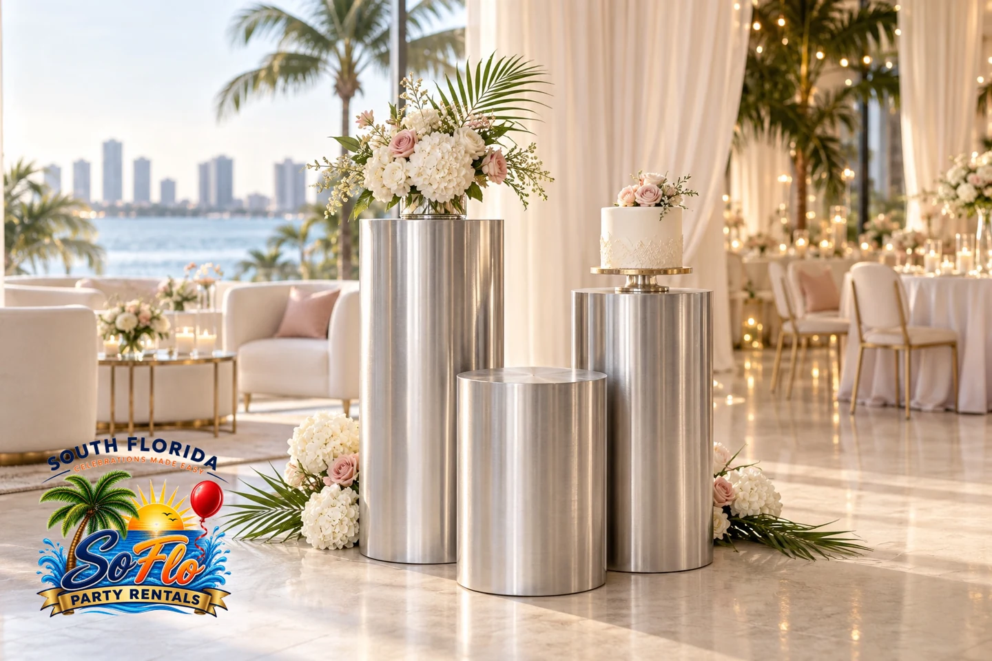 Cylinder displays with flowers in an event setting