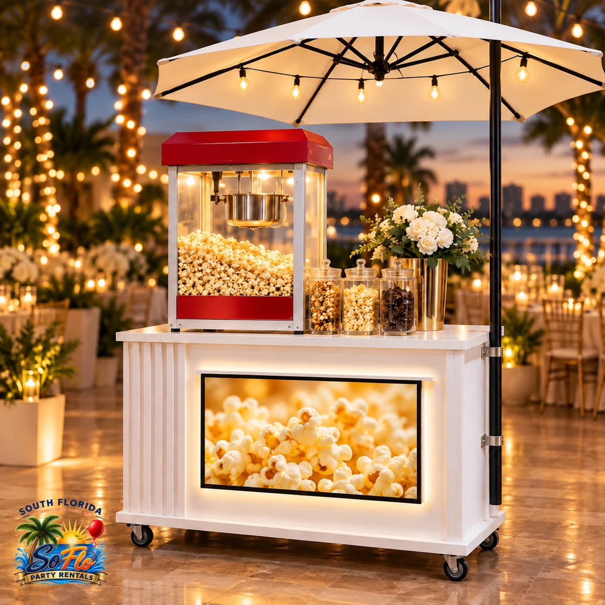 Gourmet popcorn cart with a video display