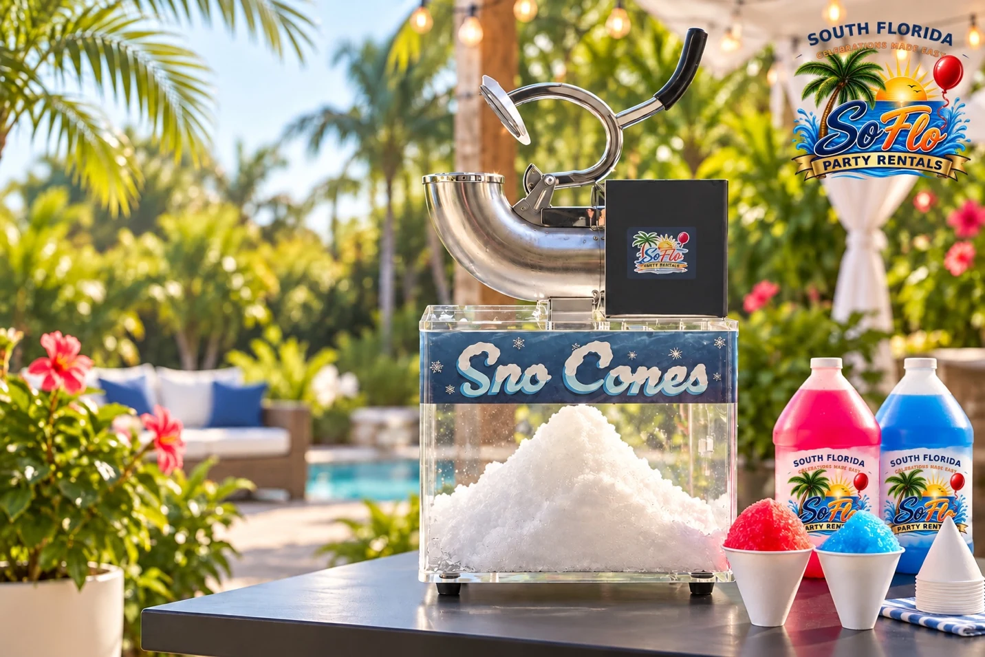Snow cone machine and colorful syrups