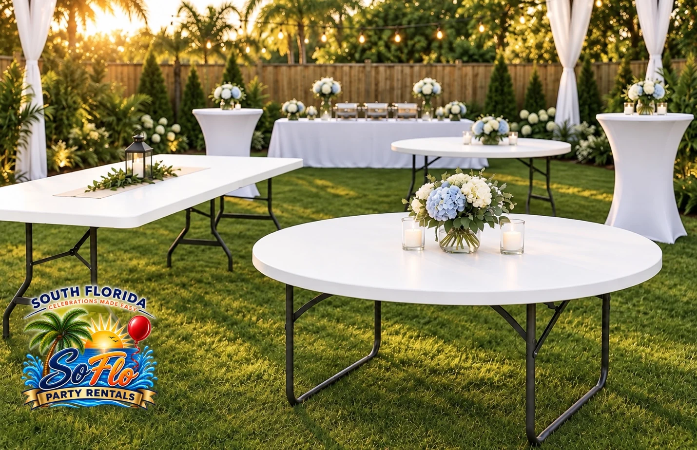 Rectangular, round and cocktail tables in an outdoor setting